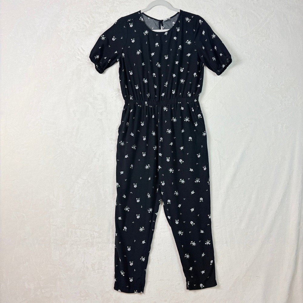 Old Navy Romper Women Sz Med Black Floral Short Sleeve Elastic‎ Waist Pockets